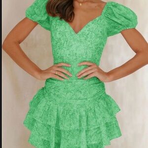 Vibrant Green Floral Mini Dress with Puff Sleeves